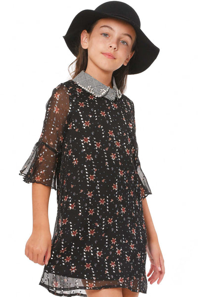 Truly Me Girls Elbow Sleeve Floral Print Collar Dress