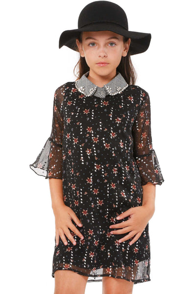 Truly Me Girls Elbow Sleeve Floral Print Collar Dress