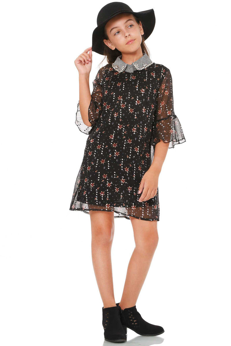 Truly Me Girls Elbow Sleeve Floral Print Collar Dress