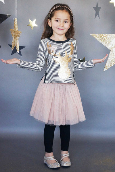 Girls Striped Long Sleeve Gold Sequin Reindeer Top