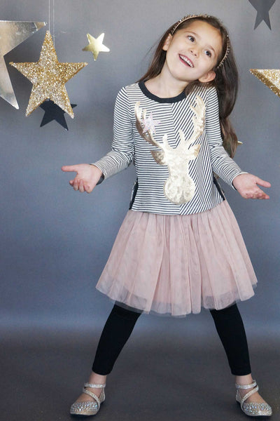 Girls Striped Long Sleeve Gold Sequin Reindeer Top