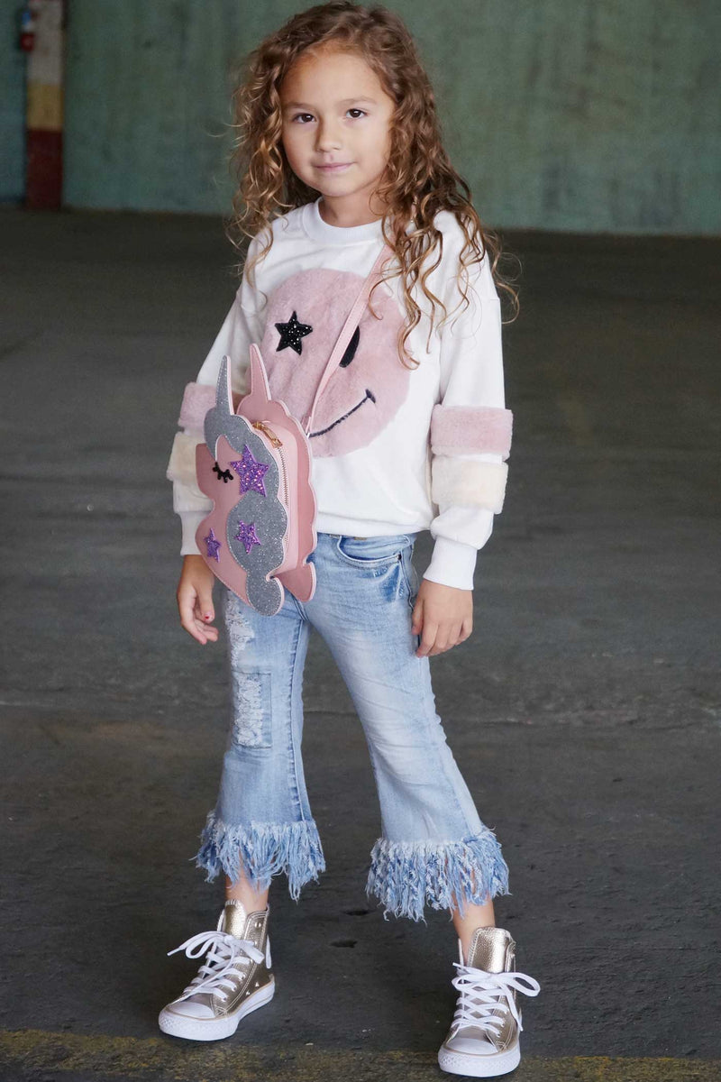 Girls Fringed Hem Washed Jeans