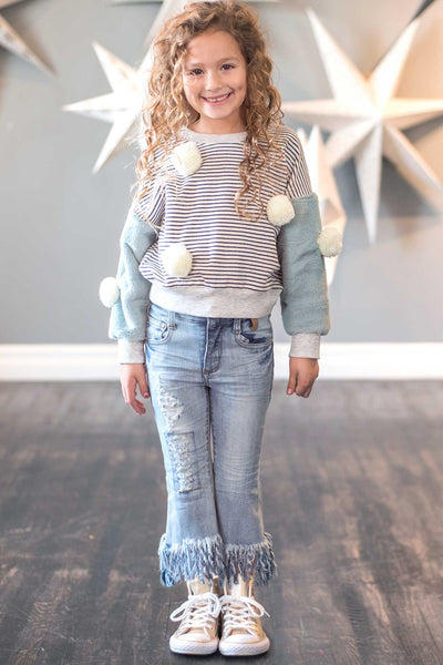 Girls Fringed Hem Washed Jeans