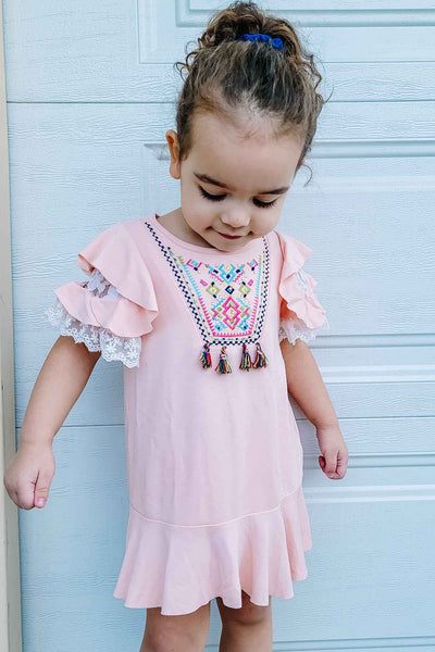 Girls Embroidered Ruffle Shift Dress