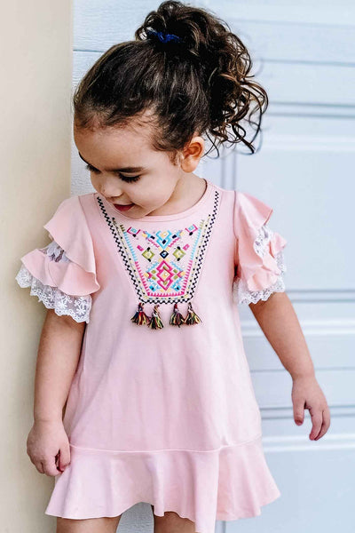 Girls Embroidered Ruffle Shift Dress