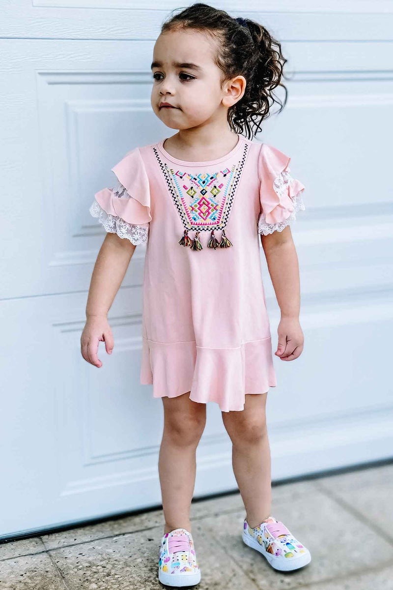 Girls Embroidered Ruffle Shift Dress