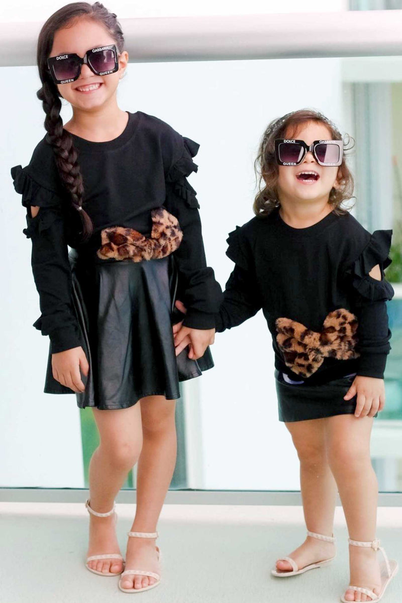 Hannah Banana Little Girls Cut Out Sleeve Sweatshirt with Leopard Fur Bow