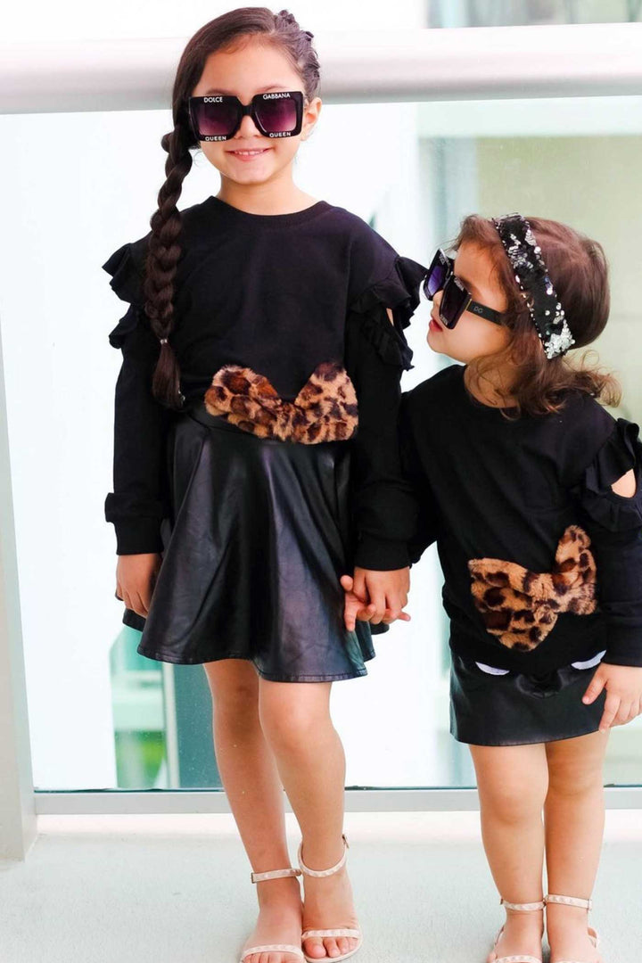 Hannah Banana Little Girls Cut Out Sleeve Sweatshirt with Leopard Fur Bow