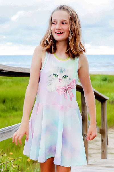 Girls Dropped Waist Tie-Dye Kitty Racerback Tennis Dress