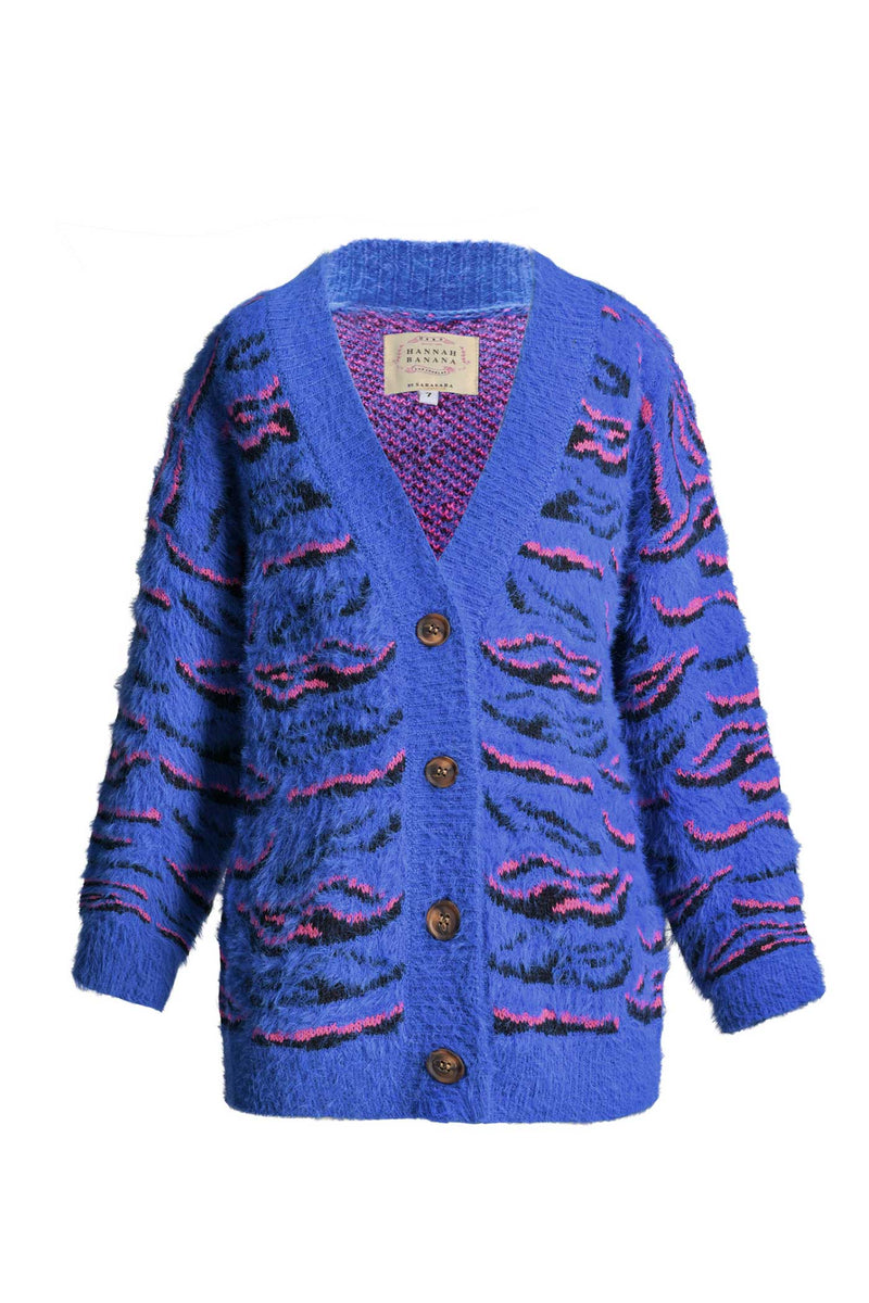 Hannah Banana Big Girls Blue Tiger Pattern Fuzzy Fashion Cardigan