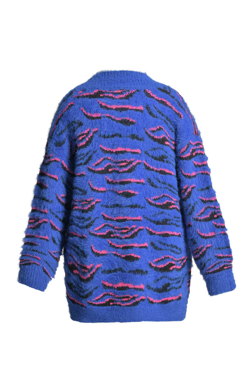 Hannah Banana Big Girls Blue Tiger Pattern Fuzzy Fashion Cardigan