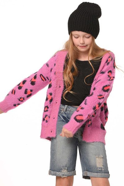 Hannah Banana Big Girls Pink Leopard Fuzzy Fashion Cardigan