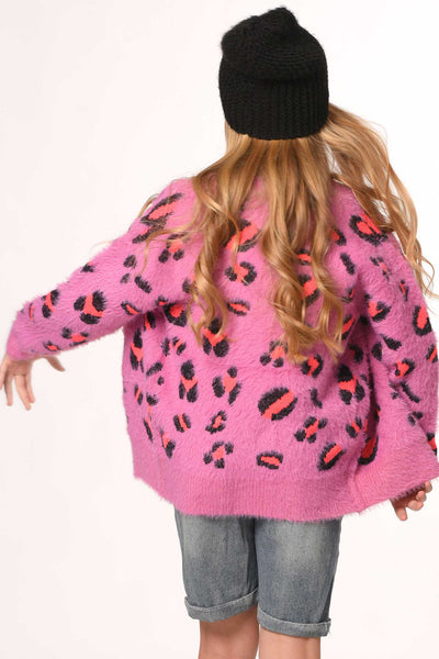 Hannah Banana Big Girls Pink Leopard Fuzzy Fashion Cardigan