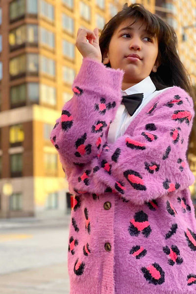 Hannah Banana Big Girls Pink Leopard Fuzzy Fashion Cardigan