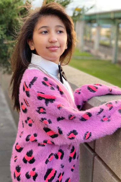 Hannah Banana Big Girls Pink Leopard Fuzzy Fashion Cardigan