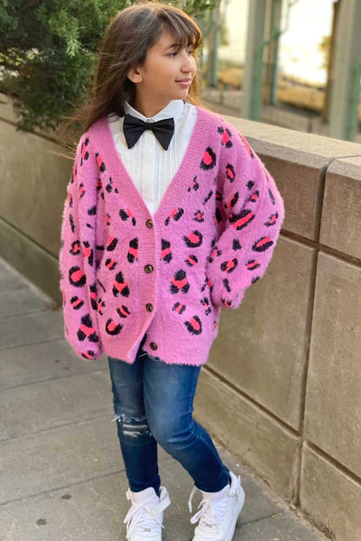 Hannah Banana Big Girls Pink Leopard Fuzzy Fashion Cardigan