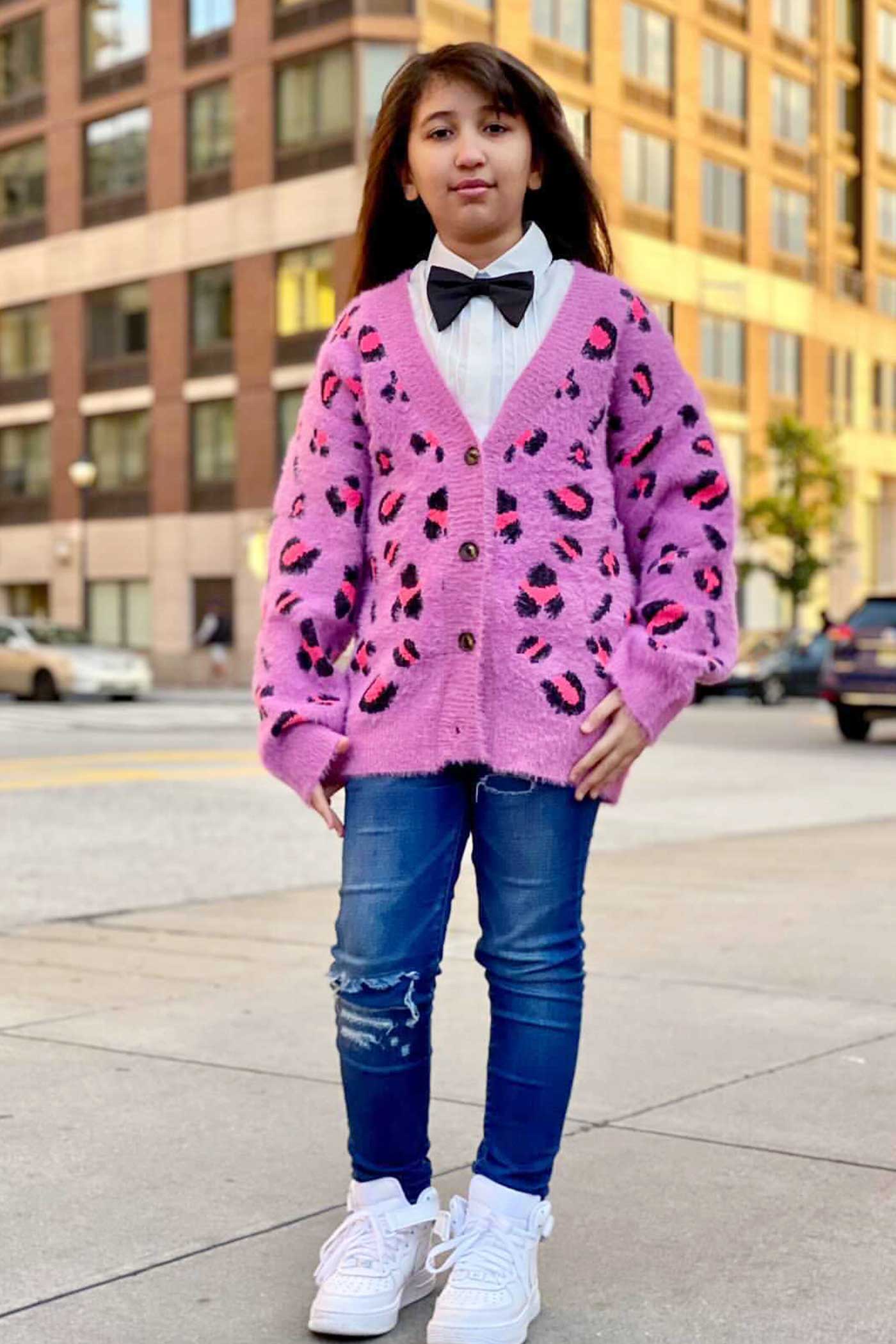 Hannah Banana | Big Girls Pink Leopard Fuzzy Fashion Cardigan