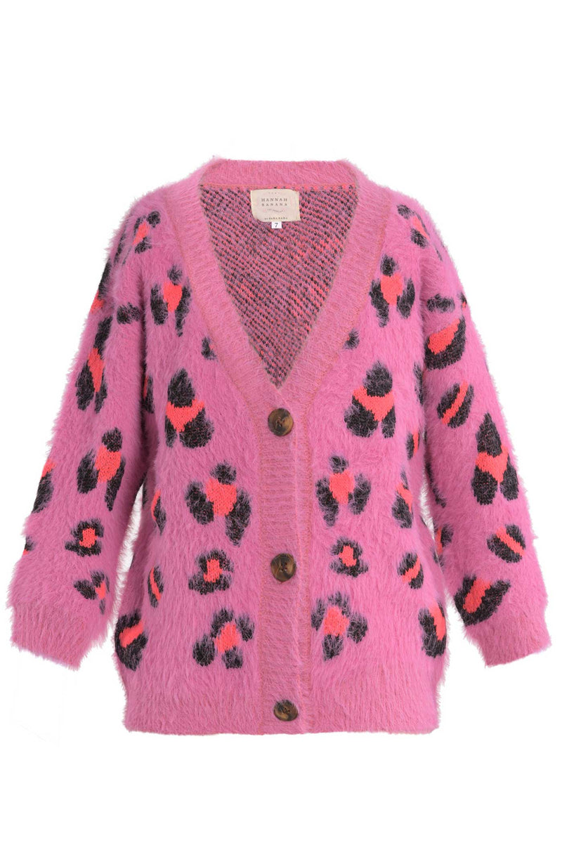 Hannah Banana Big Girls Pink Leopard Fuzzy Fashion Cardigan