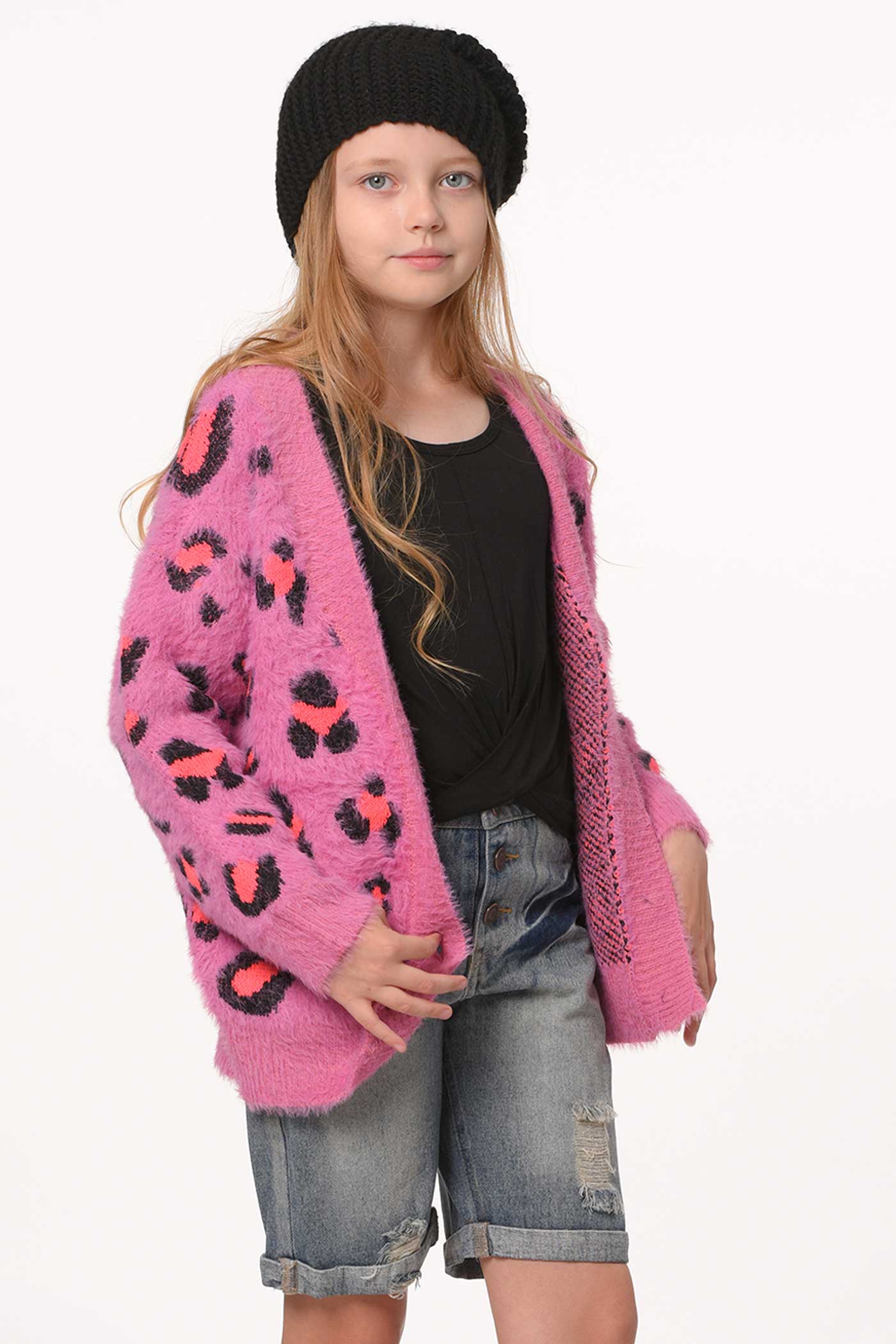 Hannah Banana | Big Girls Pink Leopard Fuzzy Fashion Cardigan