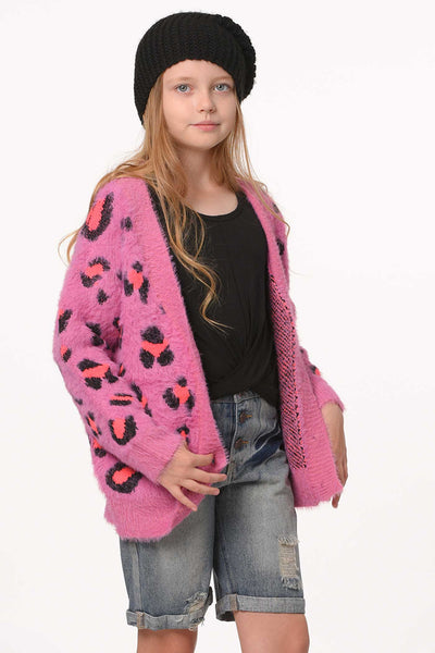 Hannah Banana Big Girls Pink Leopard Fuzzy Fashion Cardigan
