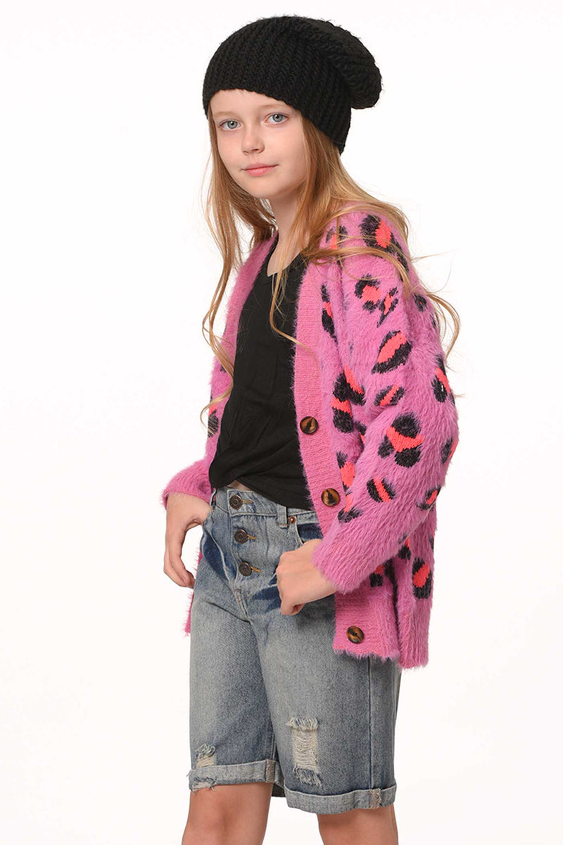 Hannah Banana Big Girls Pink Leopard Fuzzy Fashion Cardigan