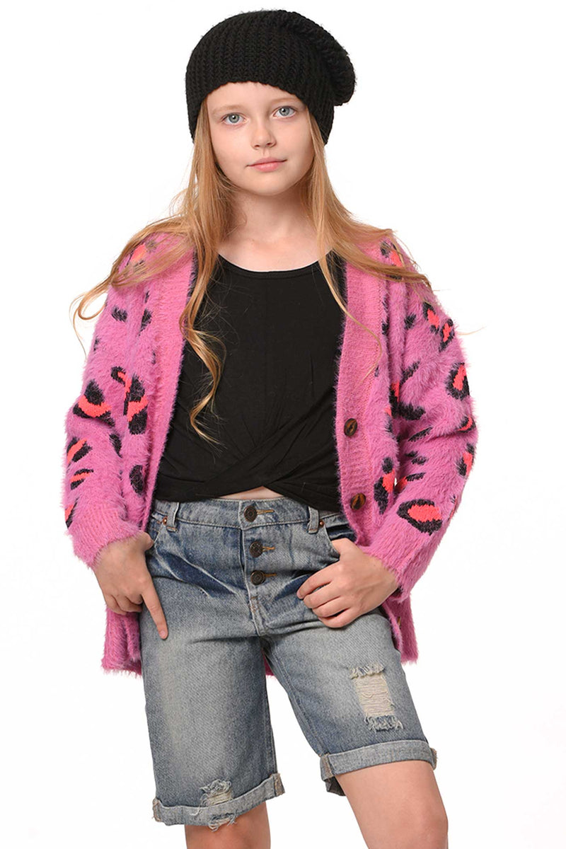 Hannah Banana Big Girls Pink Leopard Fuzzy Fashion Cardigan