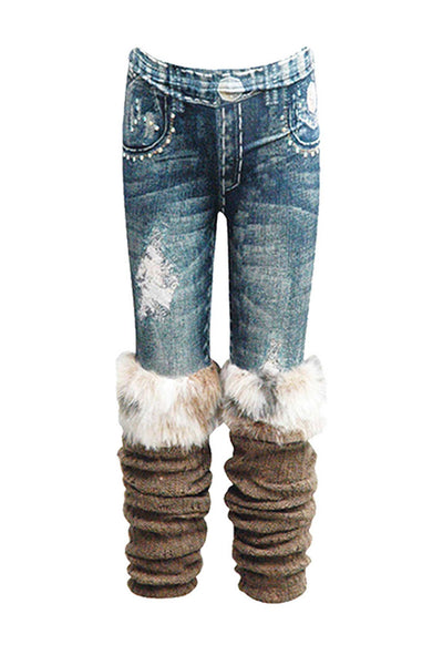 Little Girls Jean Detail Printed Eskimo Fur Leggings
