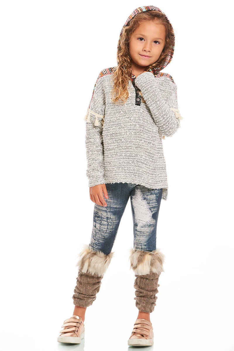 Little Girls Jean Detail Printed Eskimo Fur Leggings