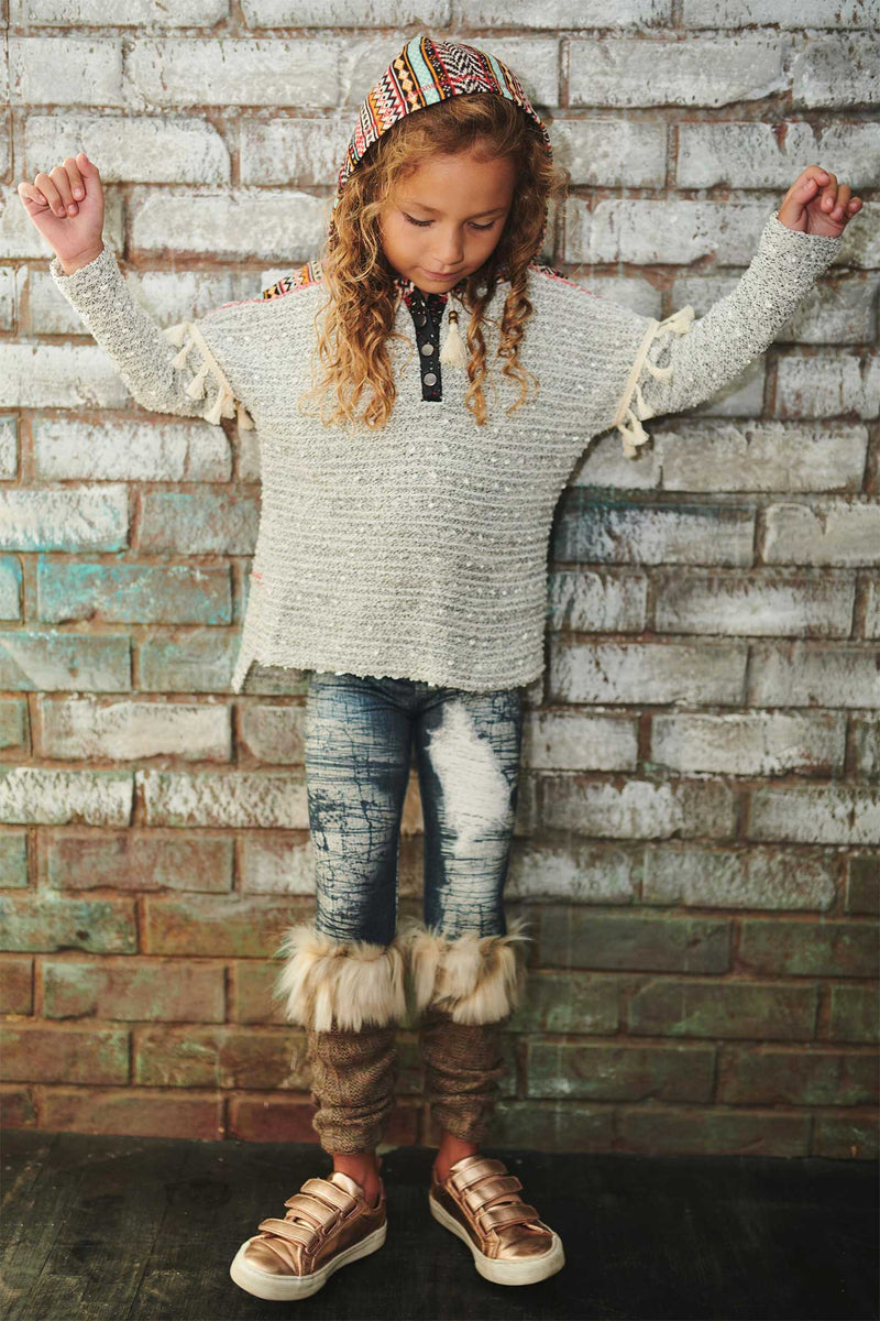 Little Girls Jean Detail Printed Eskimo Fur Leggings