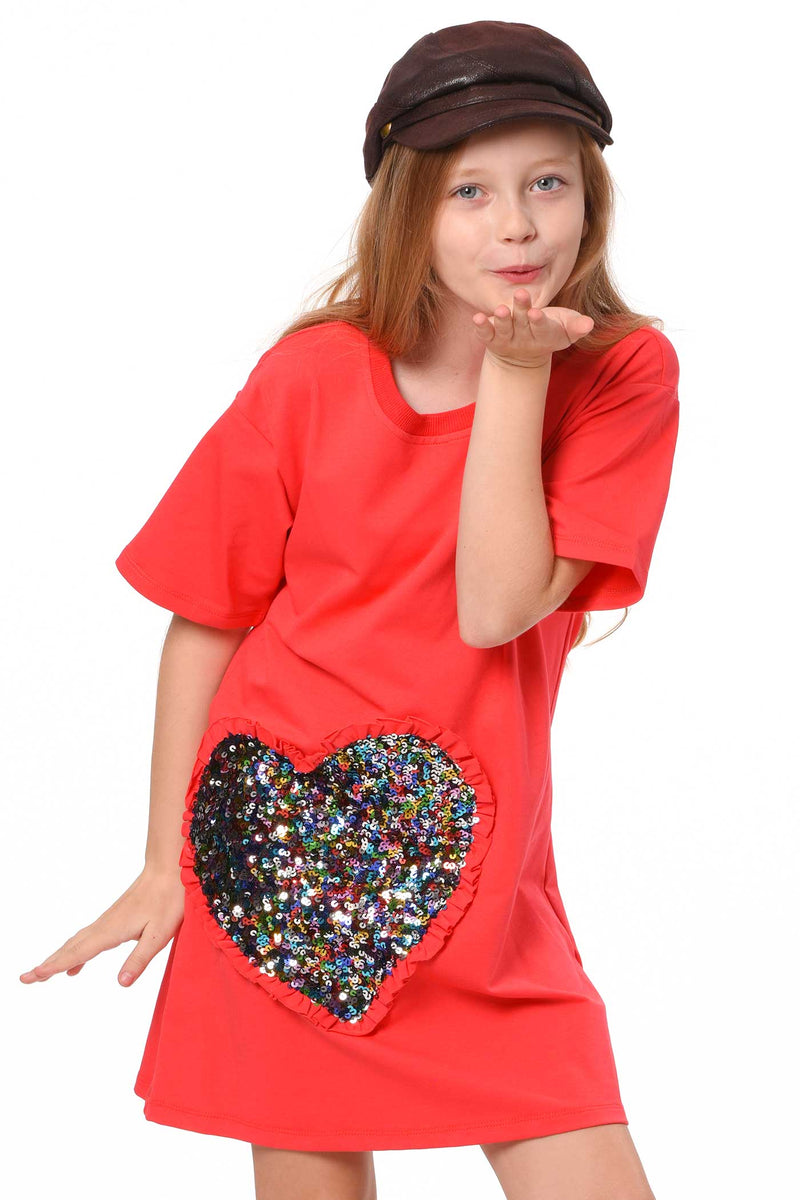 Hannah Banana Girls Short Sleeve Sequin Heart Loose Fit Dress