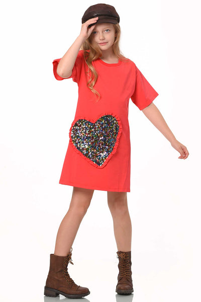 Hannah Banana Girls Short Sleeve Sequin Heart Loose Fit Dress