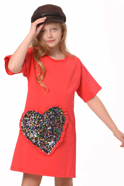 Hannah Banana Girls Short Sleeve Sequin Heart Loose Fit Dress