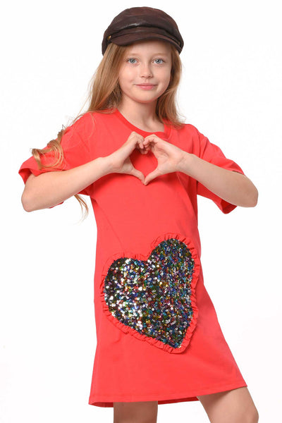 Hannah Banana Girls Short Sleeve Sequin Heart Loose Fit Dress