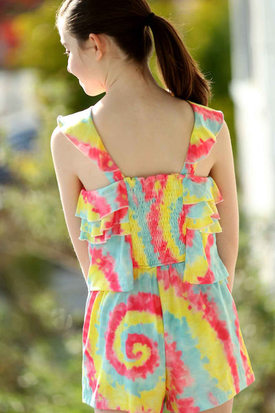 Girls Ruffle Halter Neck Swirl Tie Dye Knit Romper