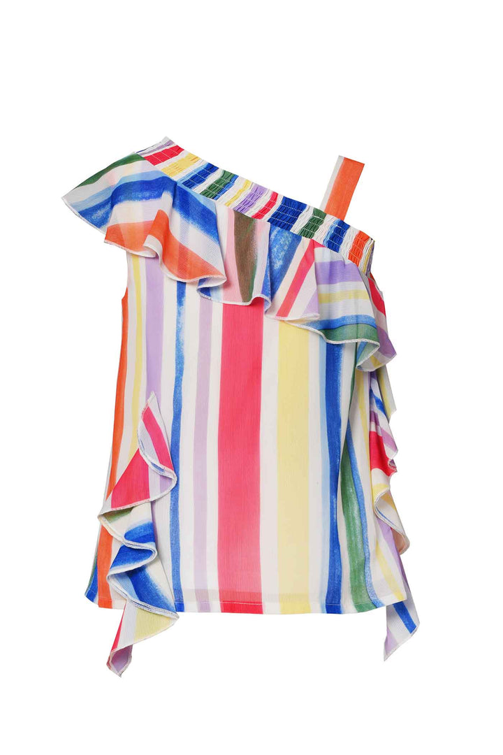 Hannah Banana Girls Colorful Stripe One Shoulder Chiffon Top