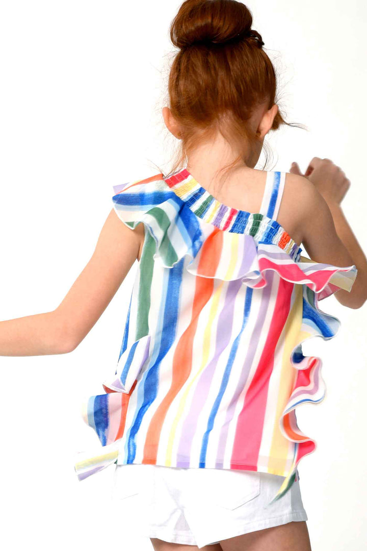 Hannah Banana Girls Colorful Stripe One Shoulder Chiffon Top