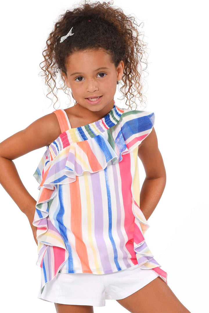 Hannah Banana Girls Colorful Stripe One Shoulder Chiffon Top