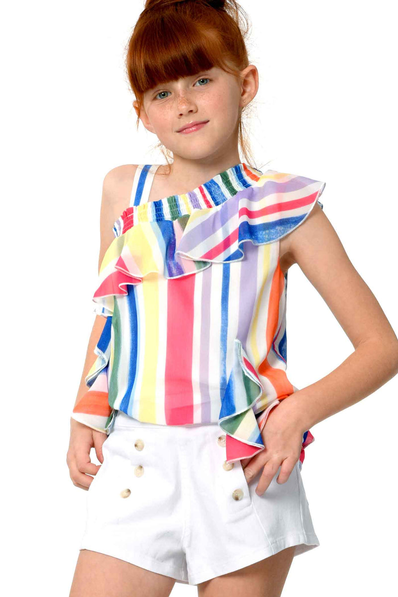 Hannah Banana Girls Colorful Stripe One Shoulder Chiffon Top