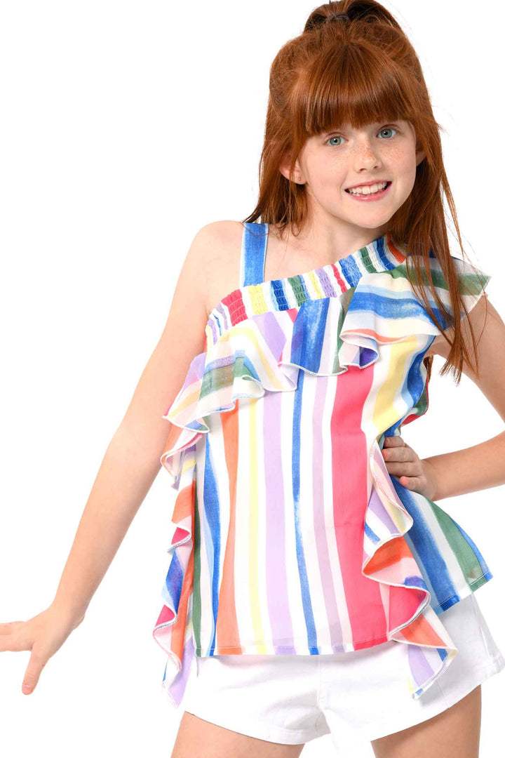 Hannah Banana Girls Colorful Stripe One Shoulder Chiffon Top