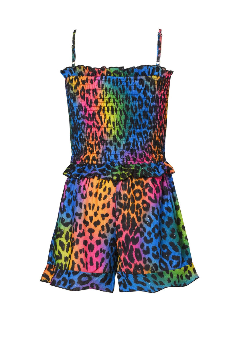 Hannah Banana Girls Rainbow Animal Print Smocked Top Romper