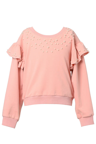 Hannah Banana Girl's Athleisure Pearl & Ruffled Shoulder Crewneck Sweatshirt Luxury Kids Fashion