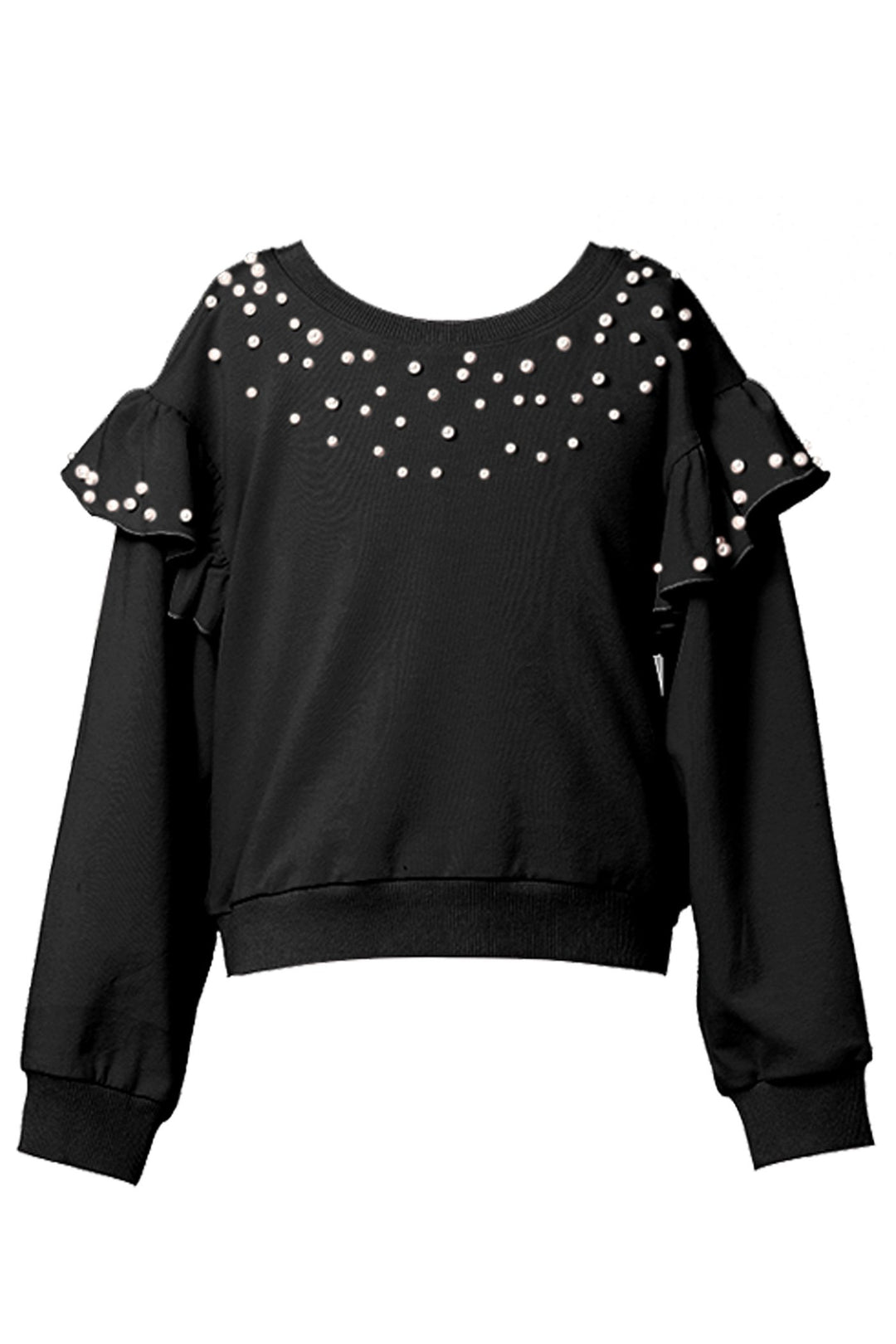 Hannah Banana Girl's Athleisure Pearl & Ruffled Shoulder Crewneck Sweatshirt Luxury Kids Fashion