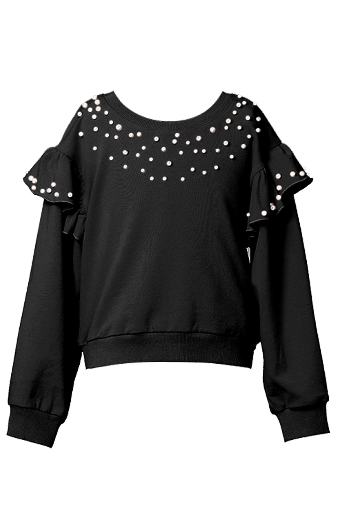 Hannah Banana Girl's Athleisure Pearl & Ruffled Shoulder Crewneck Sweatshirt Luxury Kids Fashion