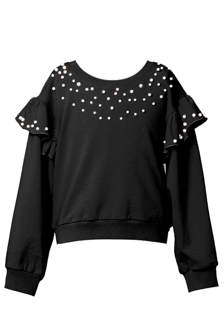Hannah Banana Girl's Athleisure Pearl & Ruffled Shoulder Crewneck Sweatshirt Luxury Kids Fashion