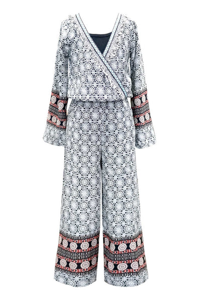 Little Girls Long Sleeve Border Print Boho Jumpsuit