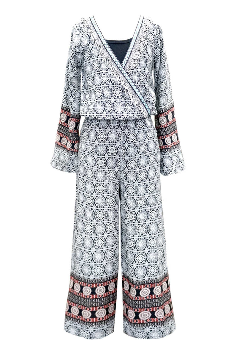 Little Girls Long Sleeve Border Print Boho Jumpsuit