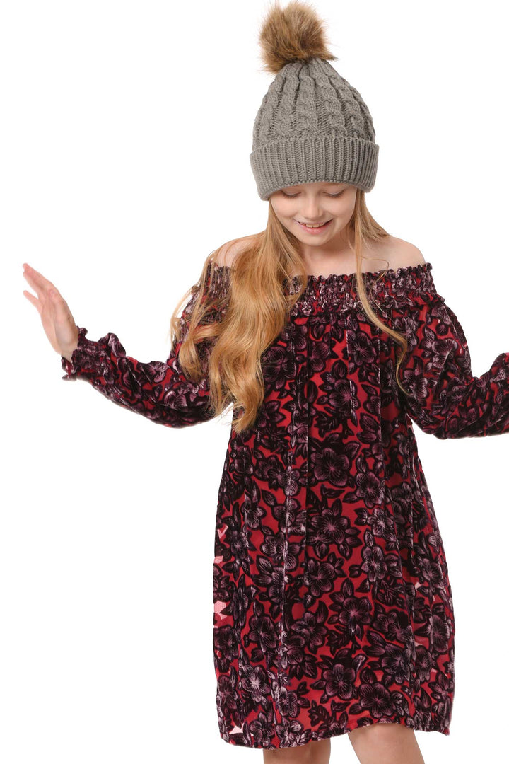 Hannah Banana Girls Off The Shoulder Floral Velvet Dress