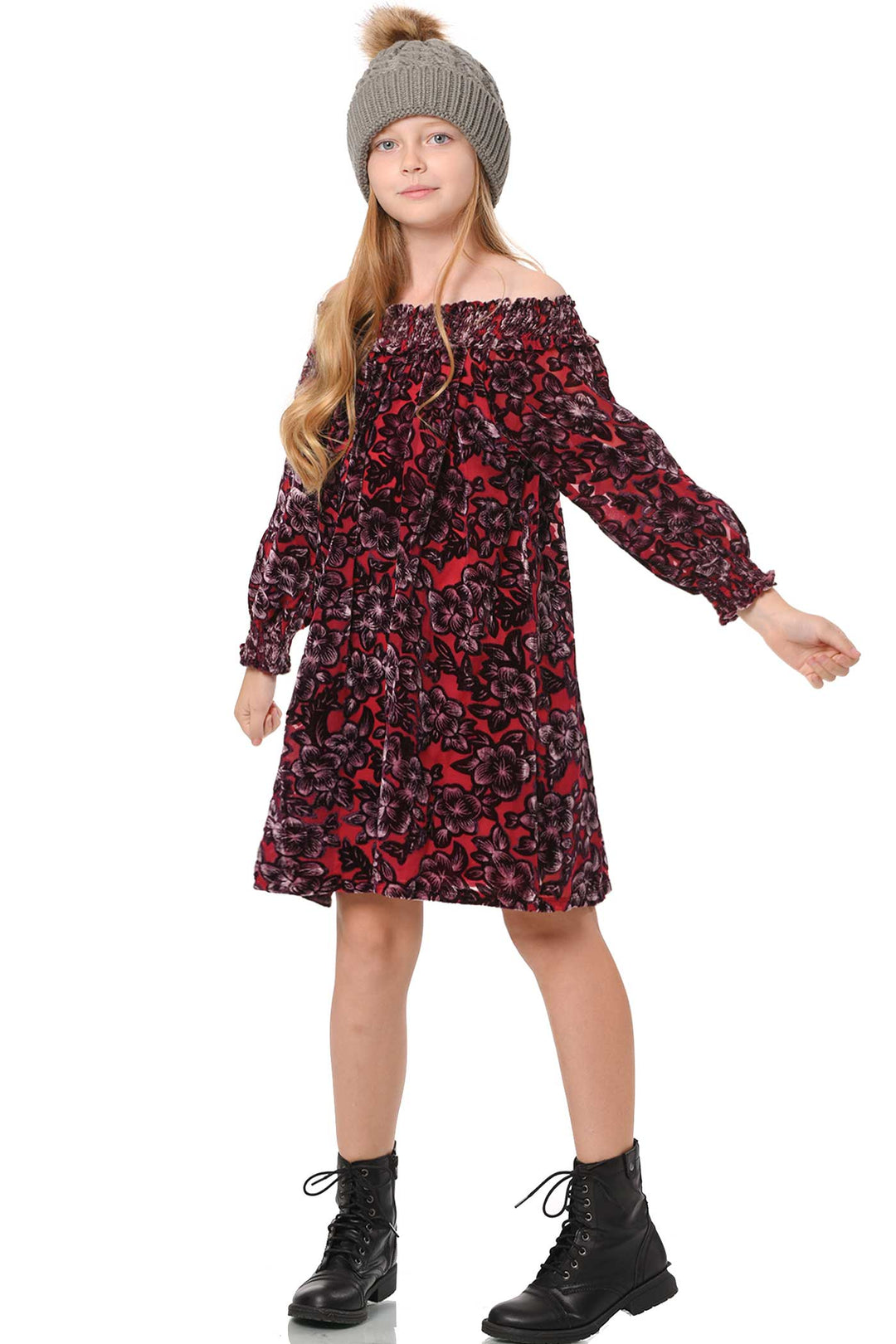Hannah Banana Girls Off The Shoulder Floral Velvet Dress