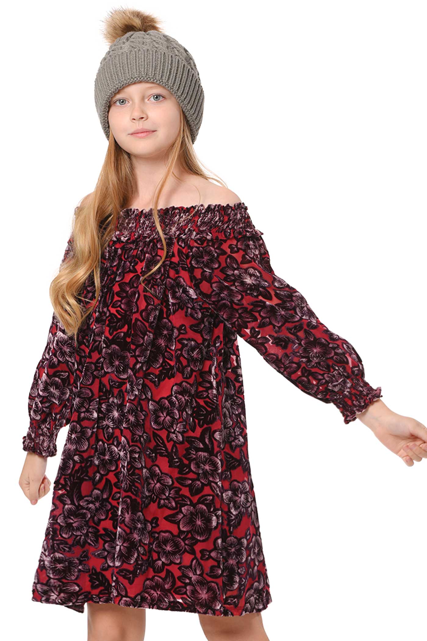 Hannah Banana Girls Off The Shoulder Floral Velvet Dress