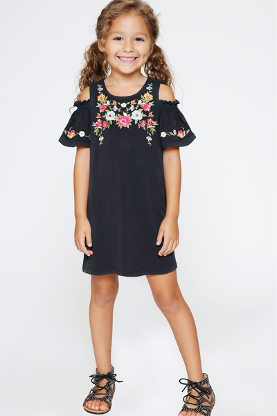 Little Girls Floral Embroidered Cold Shoulder Jersey Dress